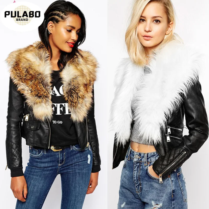 

Plus Size Winter Women's Zipper Locomotive Faux Fur Leather Short Jacket Imitation Fur Collar Splice Leather Long Sleeved Coat