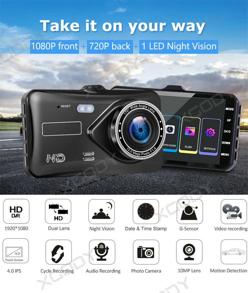 4 1080p dual lens car dvr dash cam video recorder touch screen camera g sensor photography car electronics free global shipping