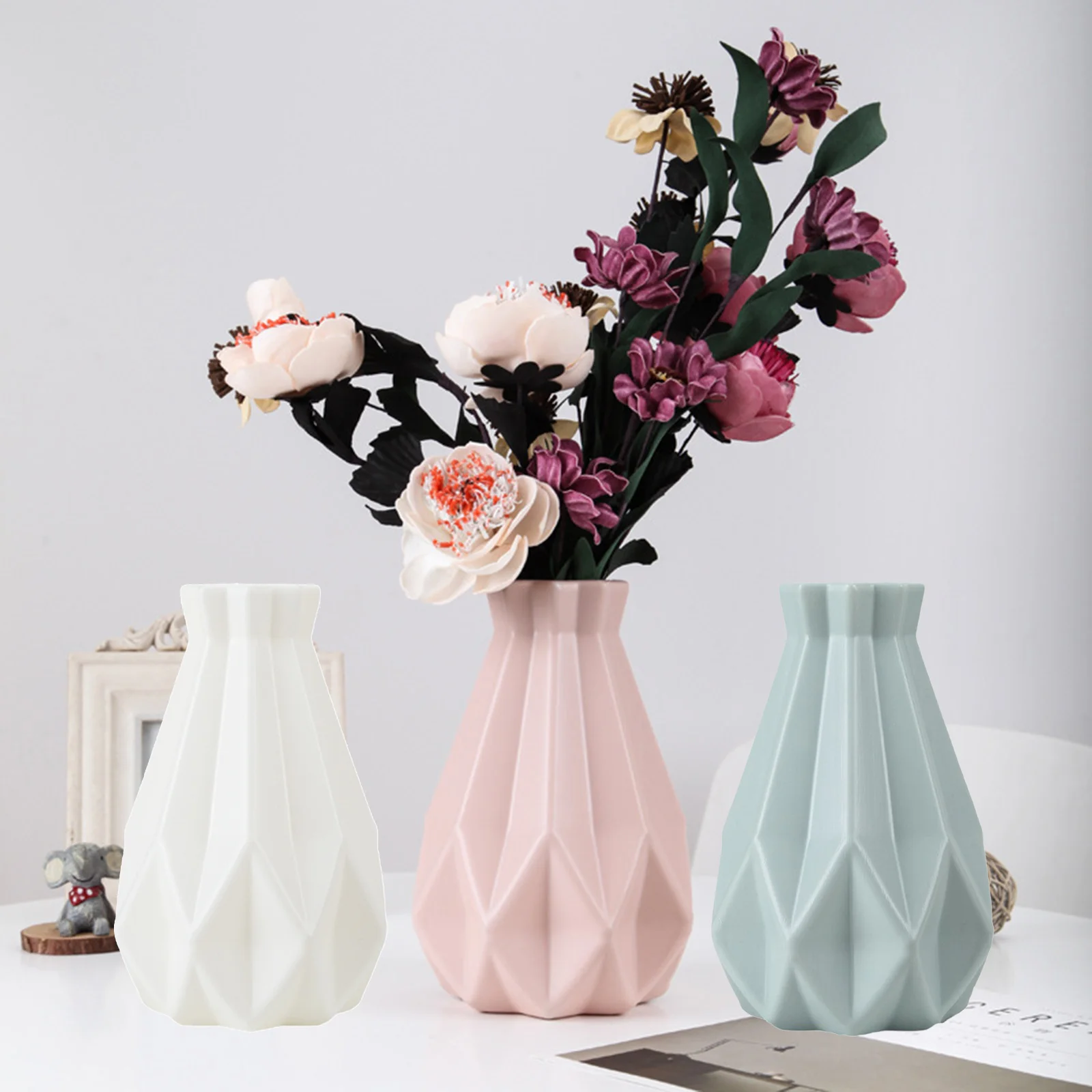 

HHS Flower Decoration Vase Imitation Ceramic for pot Basket Stand Holder Geometry style Home decoration Accessories Plastic Vase