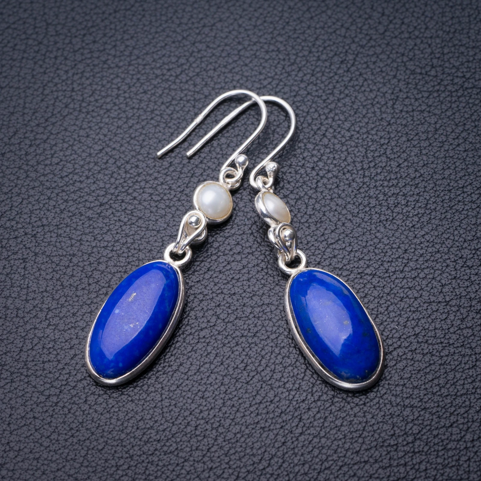 

StarGems Natural Lapis Lazuli And River Pearl Handmade 925 Sterling Silver Earrings 1.75" D6779
