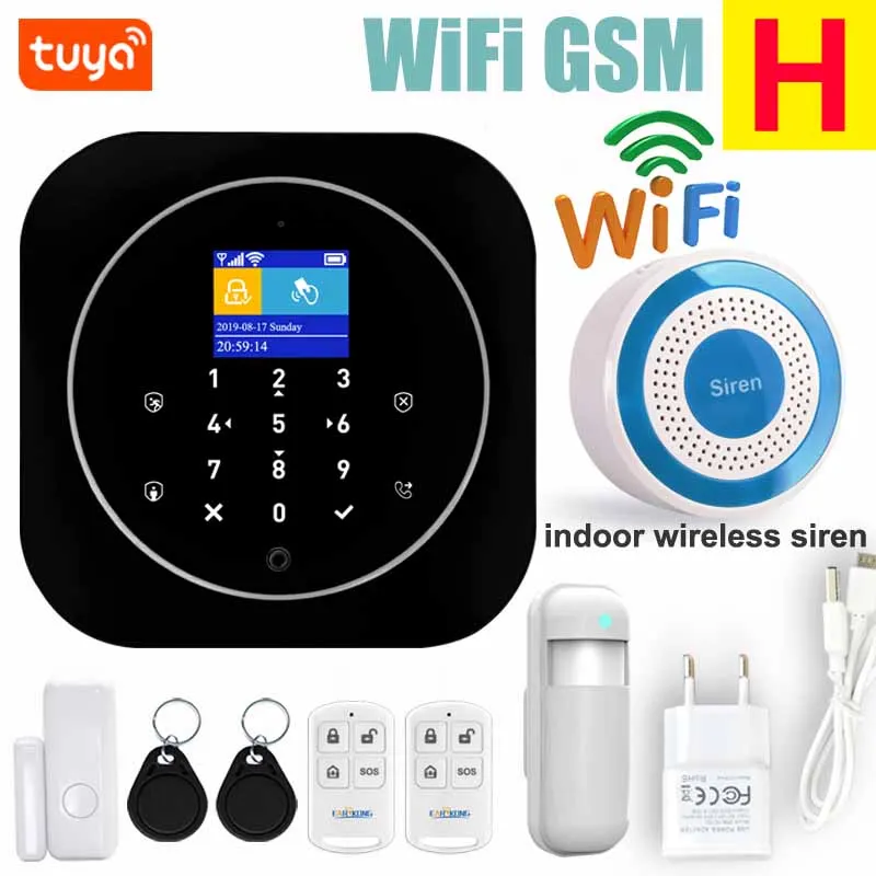 H Wifi GSM система домашней сигнализации IOS Android Tuya приложение RFID lcd сенсорная клавиатура 433 МГц беспроводной датчик комплект сигнализации 11 языков для переключения - Цвет: H