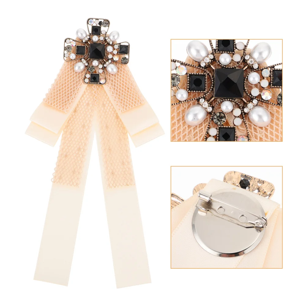 

1pc Shirt Bow Tie Rhinestone Artificial Pearl Inlaid Vintage Blouse Bow Tie