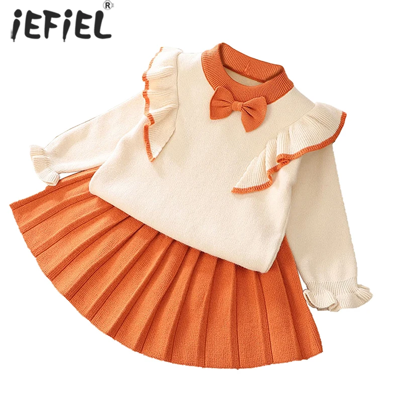 

Kids Girls 2Pcs Knitting Set Winter Girls Princess Bowknot Ruffle Trim Knitted Sweater Tops Pleated Skirt Birthday Party Clothes