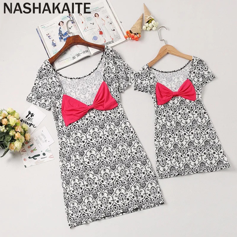 Black NASHAKAITE/платья для мамы и дочки мини-платье с тотемным принтом и бантом Одинаковая одежда для мамы и дочки платья для мамы и дочки - Цвет: Black