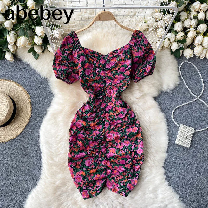 

Women Korean Floral Dress Sexy Slash Neck Puff Sleeve Ruched Slim Dresses 2021 Summer Fashion Streetwear Mini Sundress