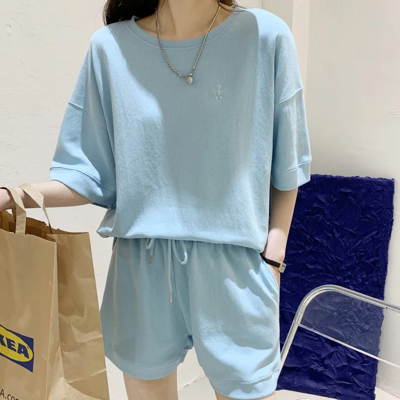 

2021 Summer Preppy Style Casual Fashion Sportswear Suits Women Solid Shorts Round Neck Pullover T-shirt Ladies Two-Piece Sets