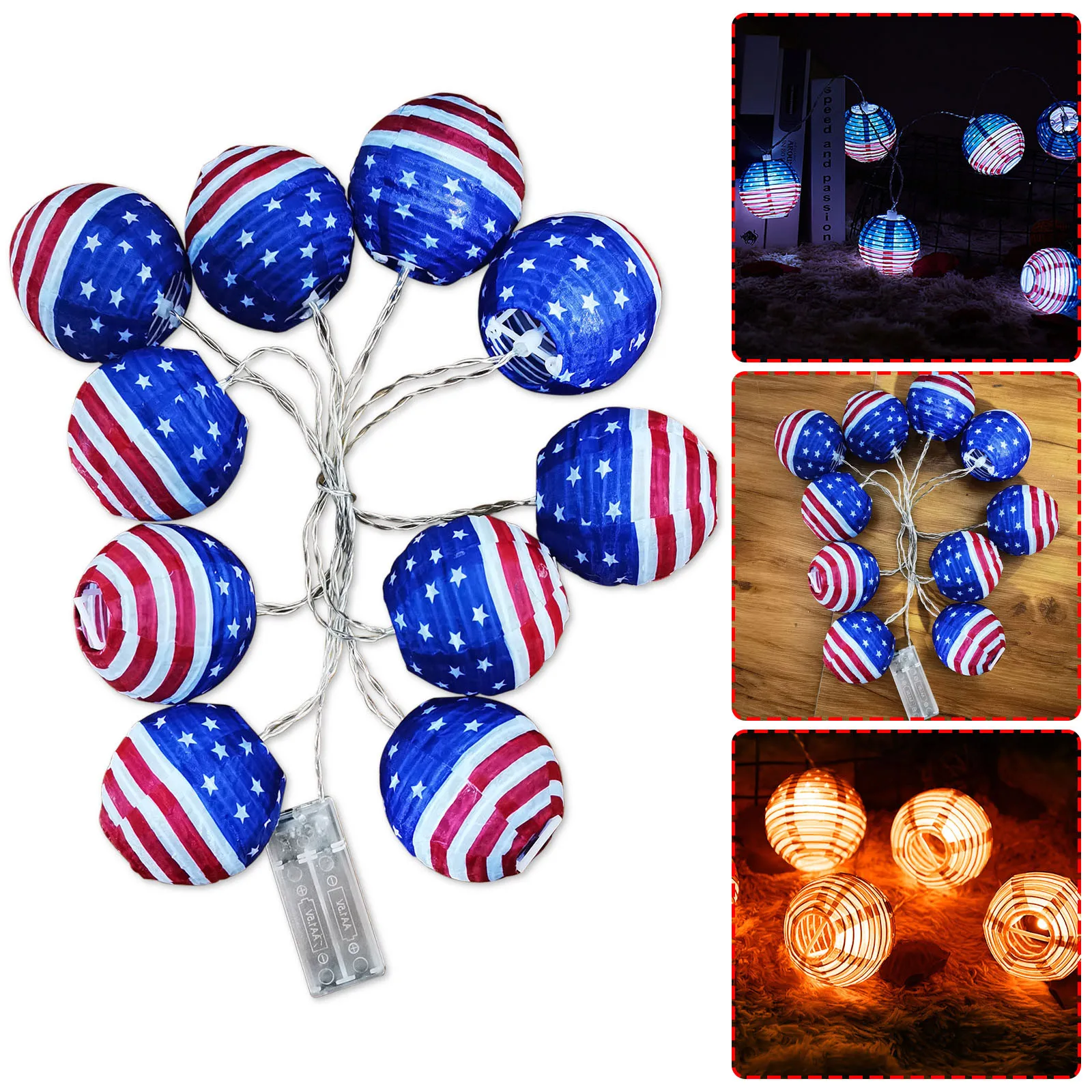 

For Home Garden Silk Lantern Independence Day Party Decor Battery Box LED String Lights American Flag 7.5cm Silk Lantern 2021