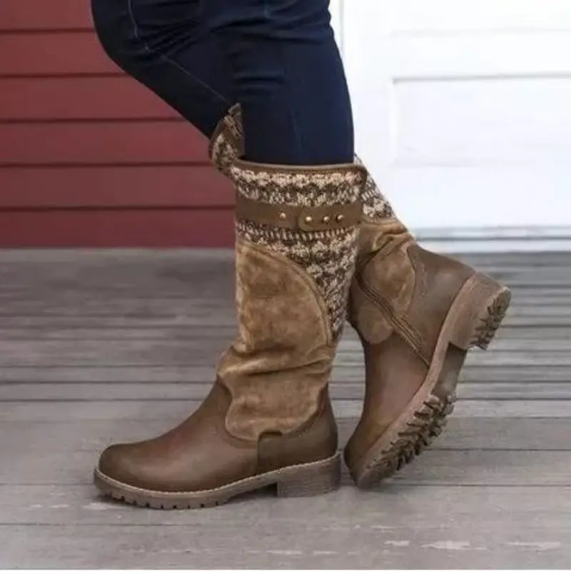 

New Winter Women Fashion PU Leather Stitched Knitted Fabric Boots Adjustable Belt Buckle Round Head Fashion Women Boots XM429