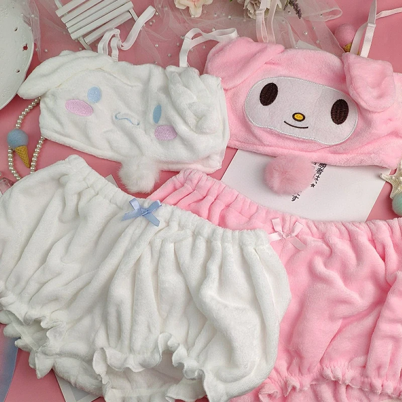 

Kawaii Fluffy Pajamas Set Cartoon Underwear Bunny Pajama Set Cute Velvet Tube Top and Panties Fuzzy Anime Long Ear Bunny Bra