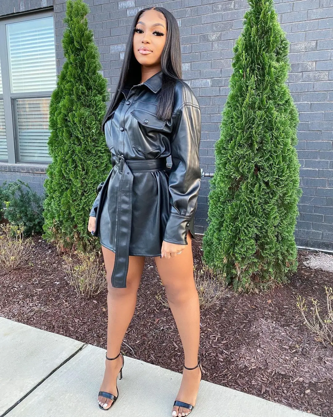 

Зимняя теплая блузка из искусственной кожи с длинным рукавом и поясом с пряжкой и высокой талией