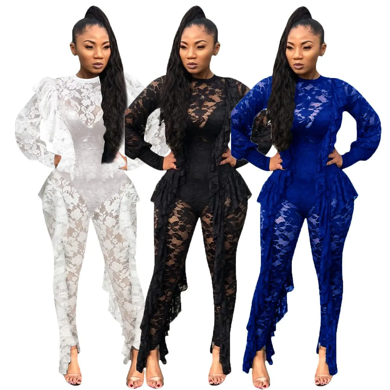

Sexy Women Jumpsuit long sleeve Plus Size Summer Romper Wide Leg Trousers Womens Casual Clubwear Outfits Blue OL Mesh Overalls