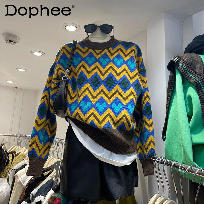 

Женский свитер в ретро стиле, свободный Универсальный вязаный пуловер в клетку с принтом в японском стиле, Осень-зима 2021