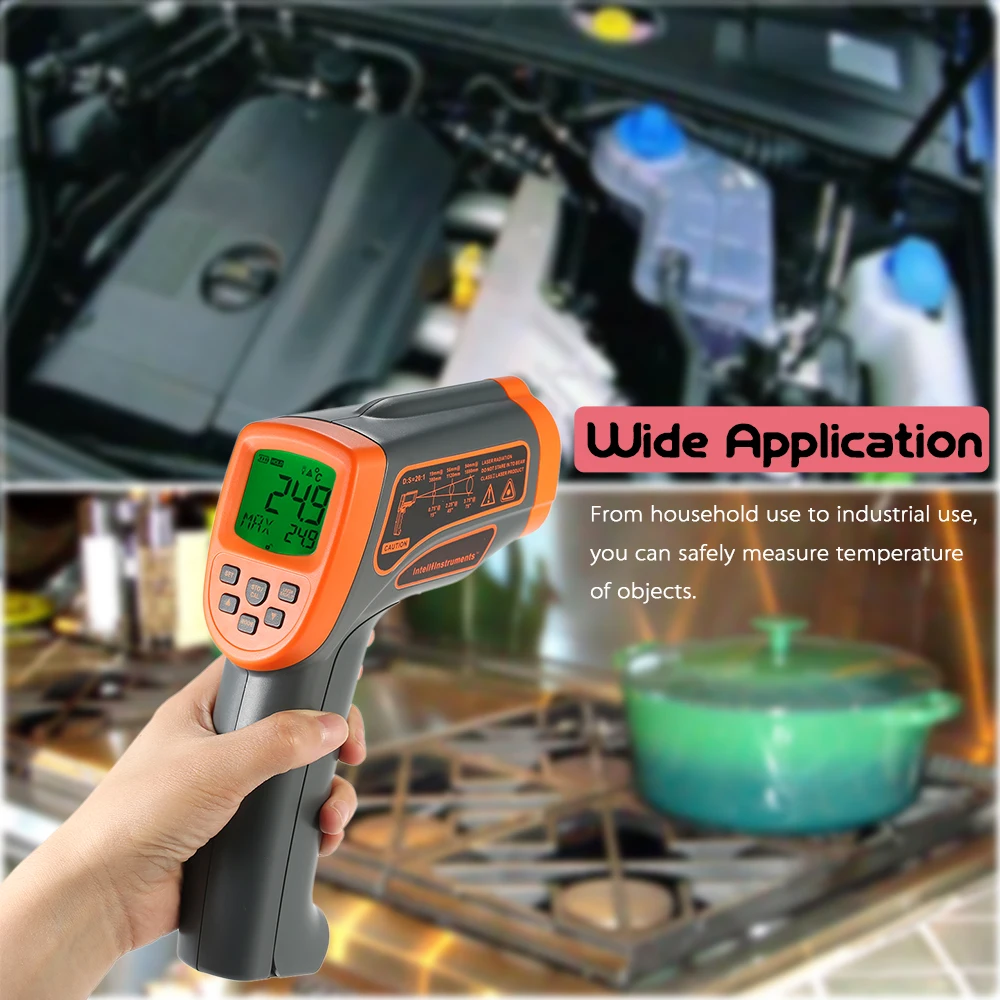 

Infrared Thermometer Digital Laser Thermometer Temperature Gun -18~1350/-18-1650 C Adjustable Emissivity LCD Display Pyrometer