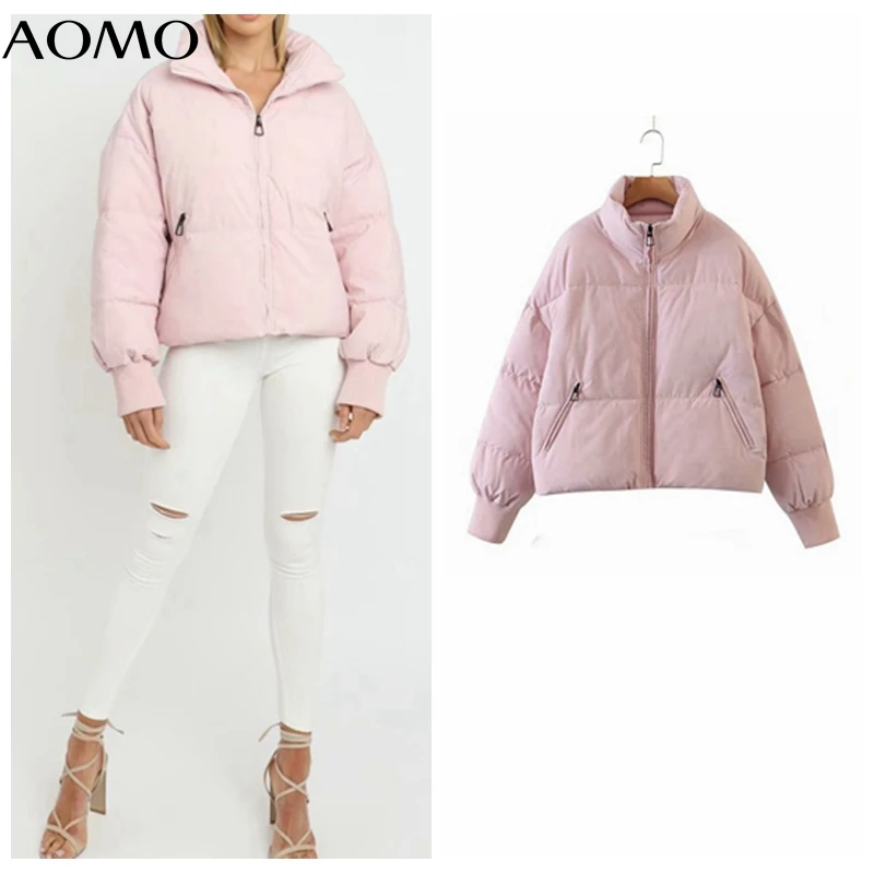 

AOMO Women Solid Pink White Oversize Parkas Thick 2021 Winter Zipper Pockets Female Warm Elegant Coat Jacket JN72A