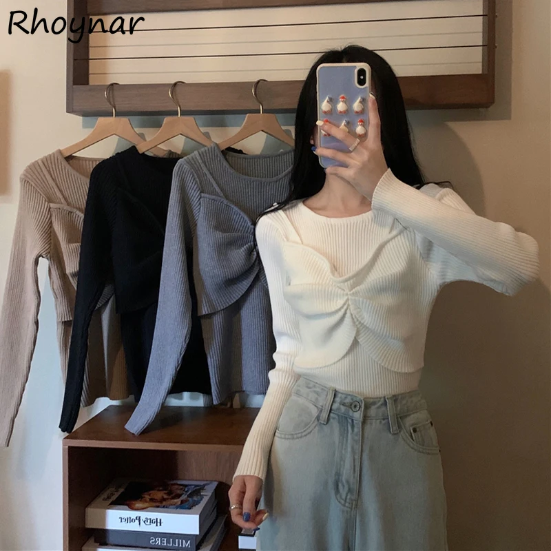 

Pullovers Women Chic Slim Long Sleeve Aesthetic Round-neck Sweater Korean Style Popular Solid Temperament Elegamt Female Youth