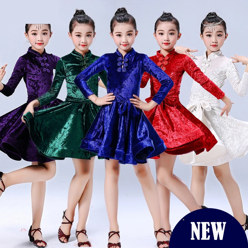 

Winter Girls Latin Dance Dress Girls Long-Sleeved Velvet Children Samba Cha Cha Tango Skirt Standard Salsa Perform Wear DL4729