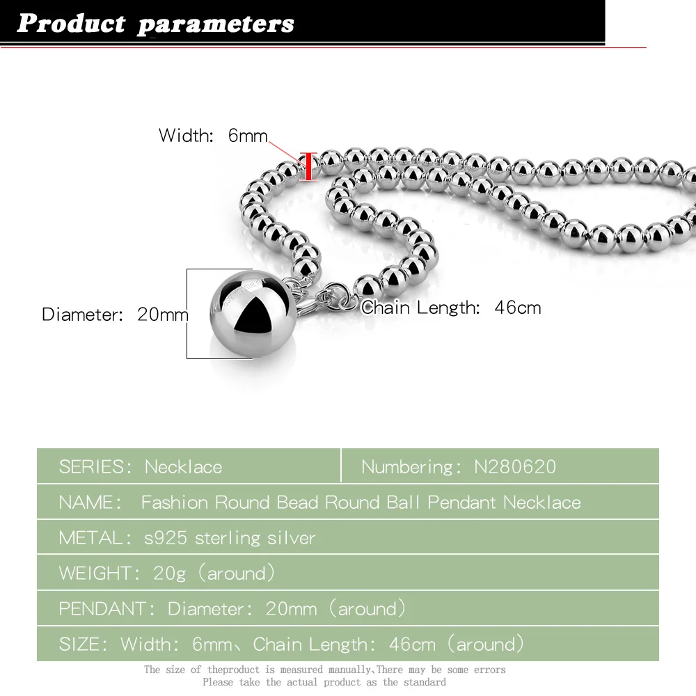 Персонализированные размеры мужское ожерелье цепочка круглые бусины серебро 925