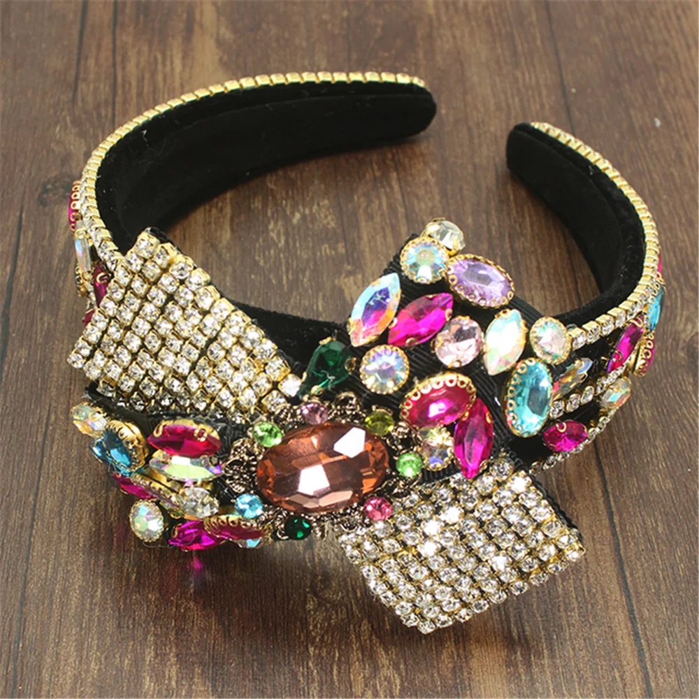 

Colorful Crystals-Inlaid Bowknot Rhinestone Hairband European and American Luxury Baroque Wide Headband For Women Accessories