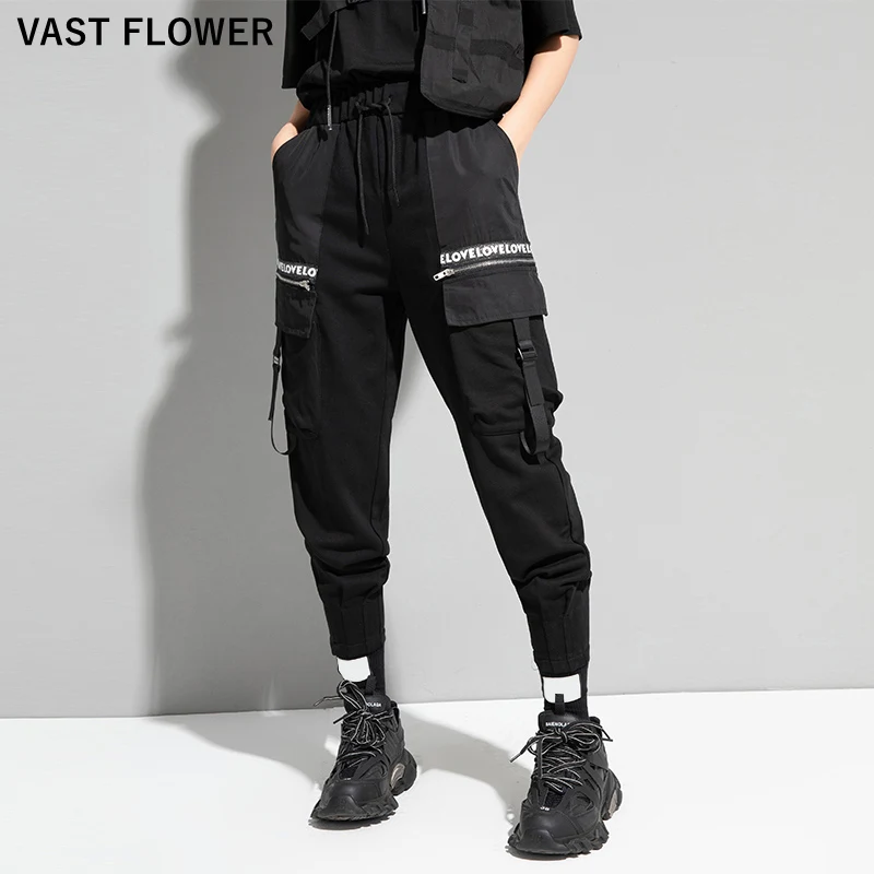 

2021 Spring Autumn New Black High Elastic Waist Harem Pants Women Letter Pocket Loose Fit Casual Trousers Fashion Streetwear