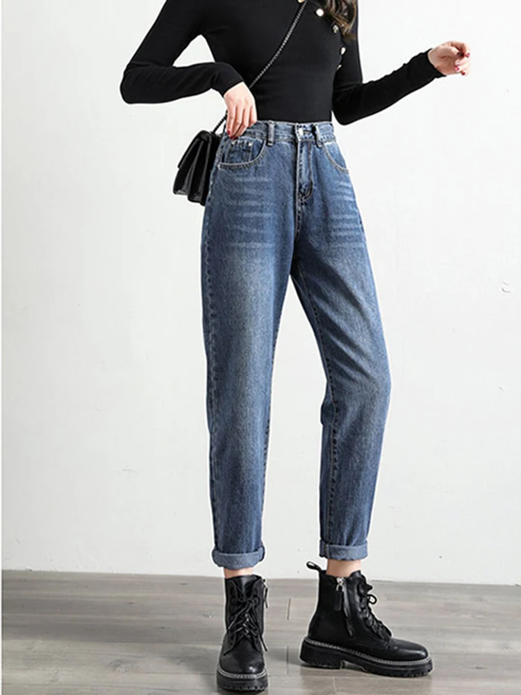 

2 Color Mom Jeans Woman Elastic Waist High Waist Harem Denim Pants Boyfriend Jeans for Women Washed Cotton 2020 Fashion Fall