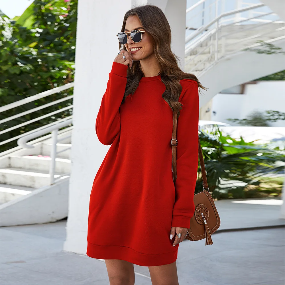 

Autumn Winter O Neck Long Sleeve Women's Sweatshirt Dress 2020 New Fashion Grey Solid Loose Pocket Ladies Mini Dress Vestidos