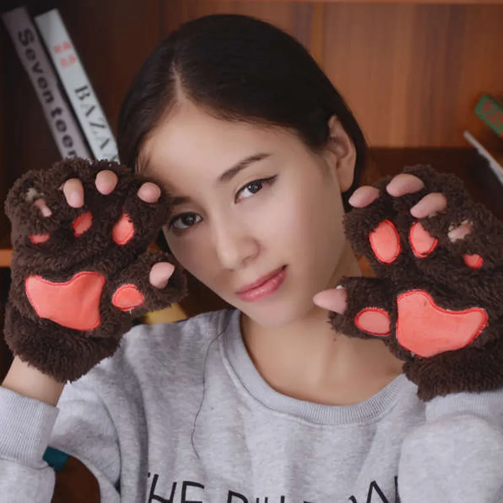 SAGACE зимние перчатки без пальцев для сенсорного экрана милые теплые из меха