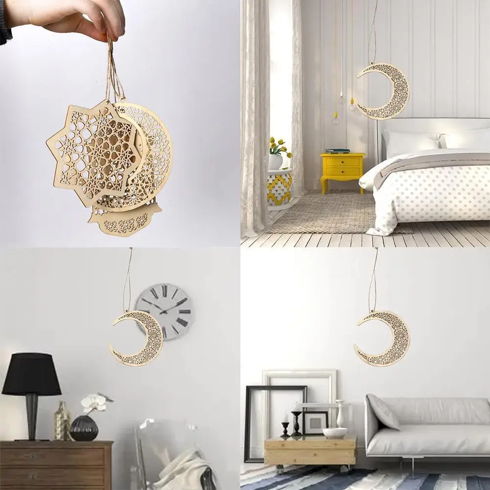 

Wooden crafts Eid al-Fitr Kulbang Lantern Hexagonal DIY Decoration Moon Pendant Z6O7