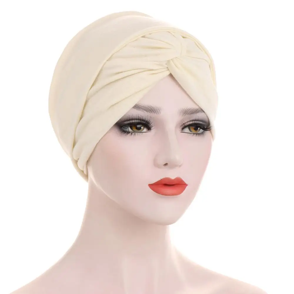 

New Fashion Muslim Women Forehead Cross Knotted Cotton Long Turban Hat Chemotherapy Cancer Chemo Beanie Cap Headwear Head Wrap