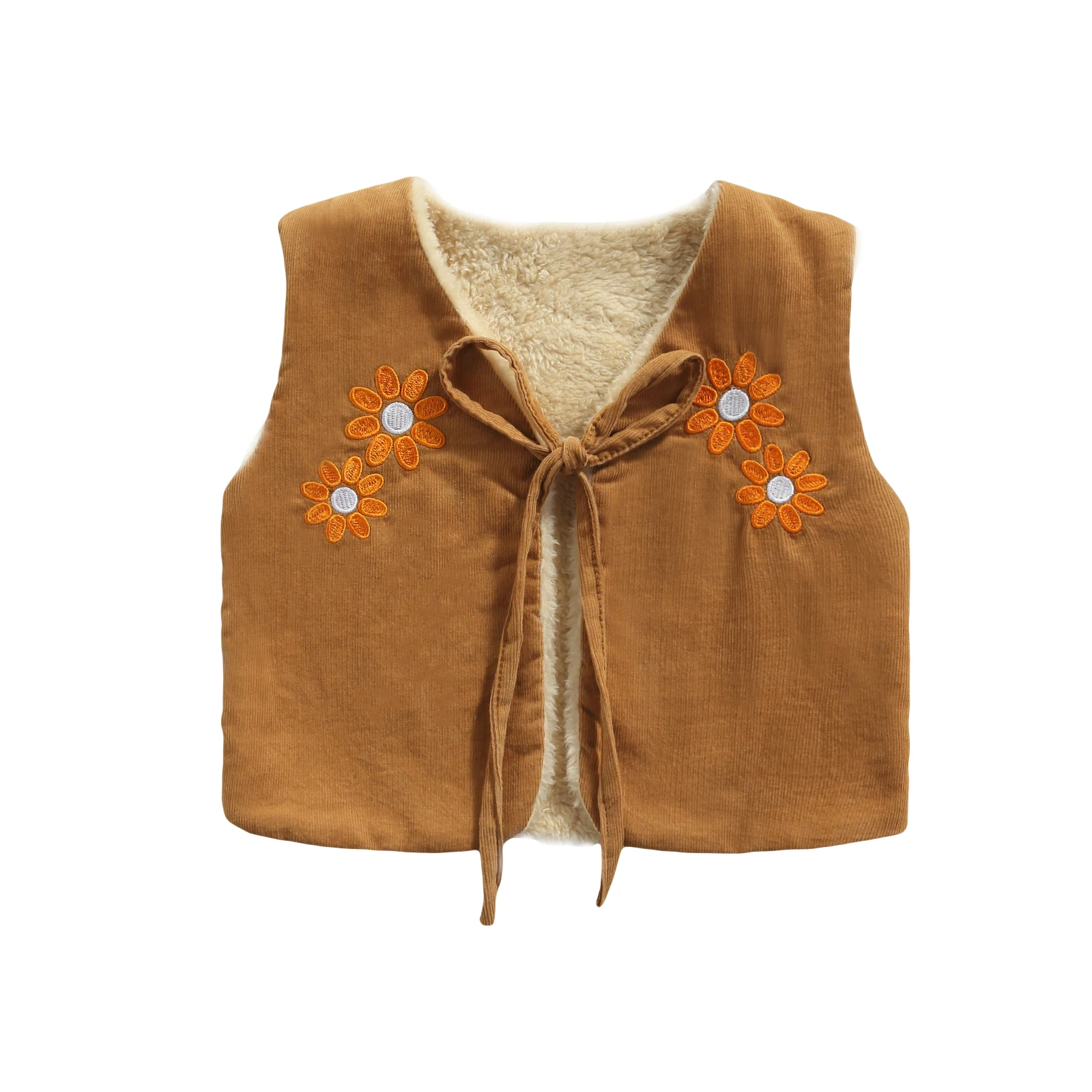 

Autumn Winter Girls Casual Reversible Waistcoat Khaki Floral Embroidery Pattern Tie-Up Vest For Winter 12 M-5 Y Daily Wear Cute