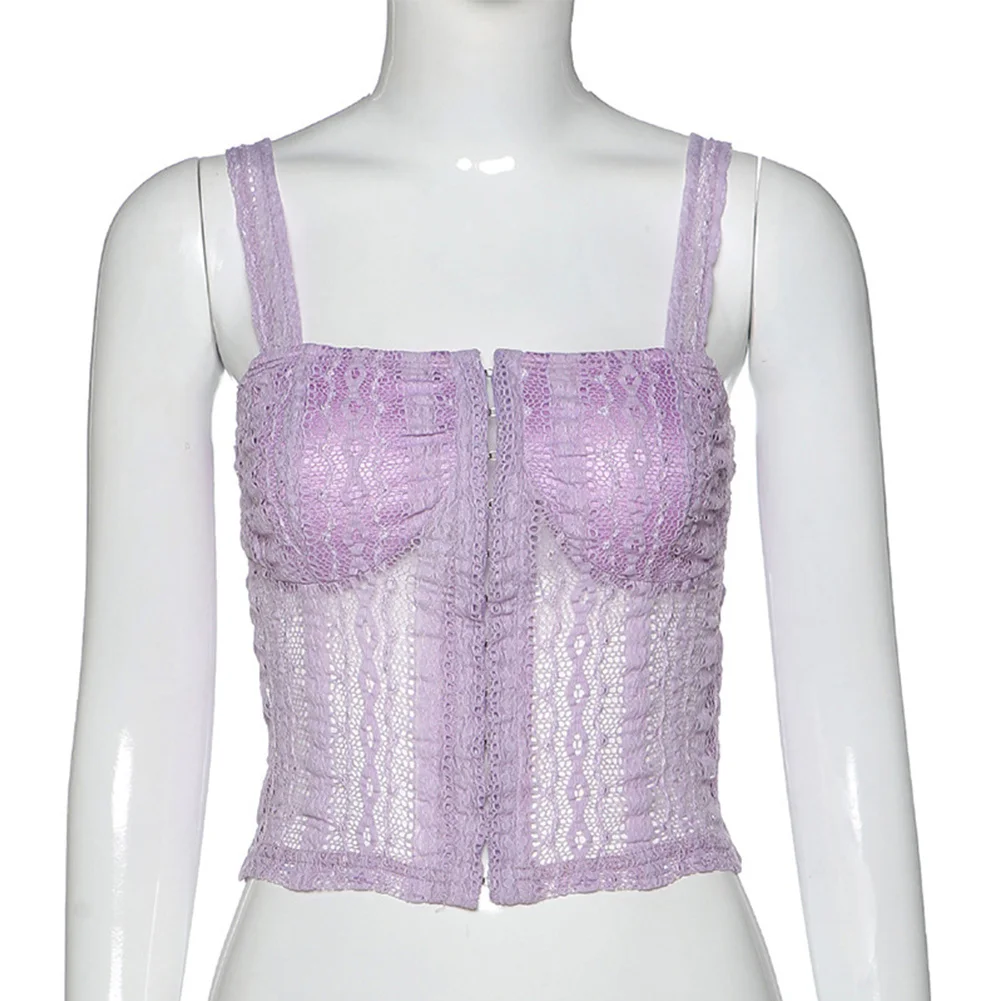 

Summer Sleeveless Purple Vest Women Fashion Lace Crop Tops Sexy Hollow Out Purple Backless Strappy Tank Top Clubwear T Shirt