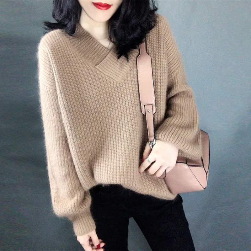 Loose Casual Lantern Sleeve Mohair Thicken Sweater Women Fashion Trend Simple V-neck Solid Color Pullover Sweater