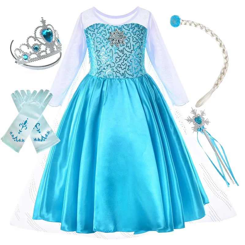 Dress and S01 Комплект для девочек с принтом Эльзы, платье принцессы для детей с украшением в виде кристаллов декоративный костюм детей Снежная королева 2 с изображением принцессы Эльзы детское рождественское День рождения Платье для косплея - Цвет: Dress and S01