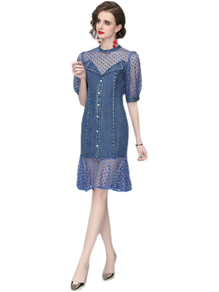 

Jeans Dress 2021 Summer New Lace Panelled Dresses Hollow Out Ruffle Rivet Fashion Trumpet Dress