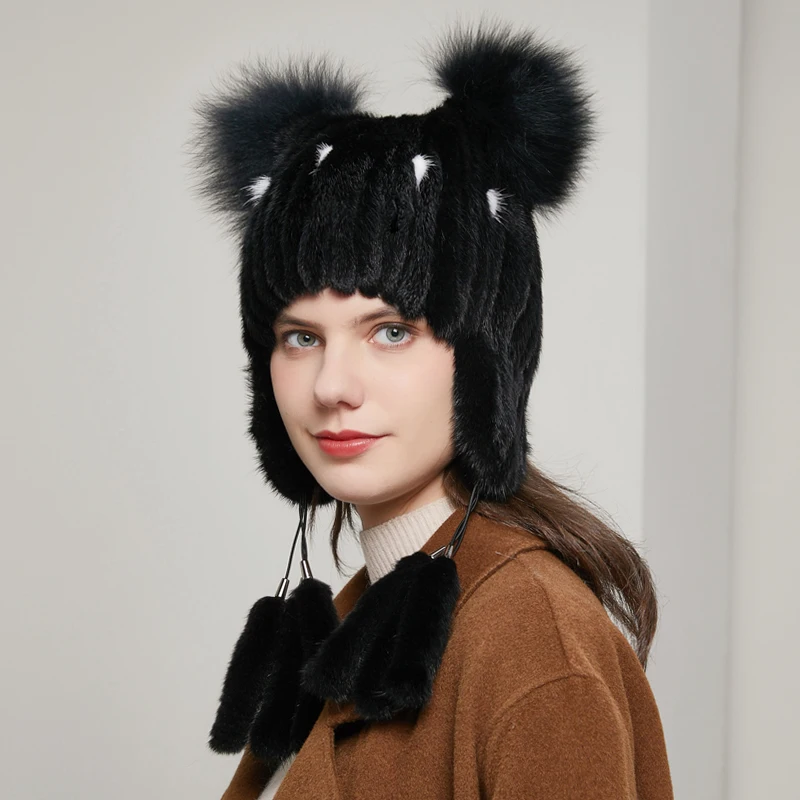 Winter real mink fur woven hat with mink fur ball fashionable ear protection beanie female natural winter cap vertical 20HY-15