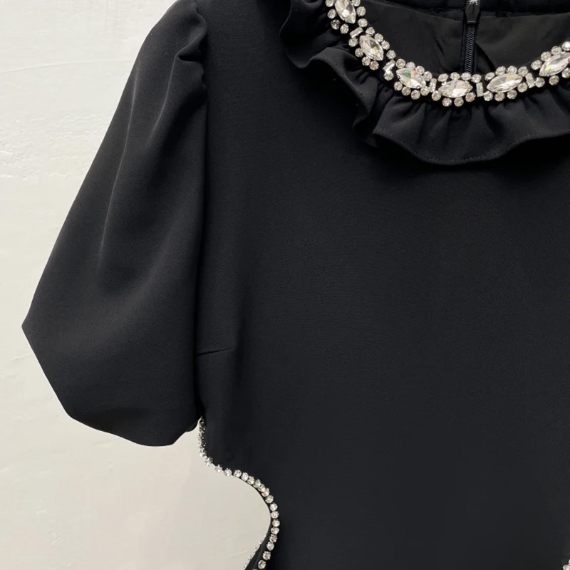 

VGH Sexy Black Hollow Out Dress For Women O Neck Puff Short Sleeve High Waist Diamonds Ruffle Patchwork Mini Dresses Female 2021