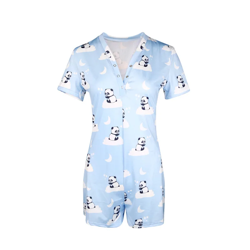 

Women One Piece Sleepwear Pajamas Summer V-Neck Short Sleeve Print Button Fly Bodycon Jumpsuit Rompers Playsuit Bodysuit