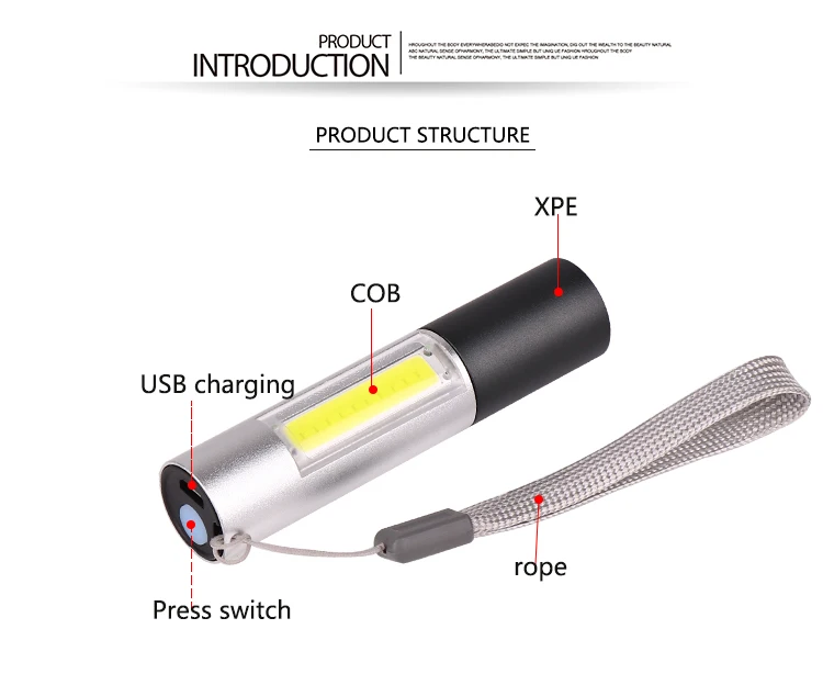 Мини светодиодный фонарик USB Перезаряжаемый с COB боковым фонариком 3 режима Поддержка зум открытый кемпинг свет с Бесплатный usb-кабель