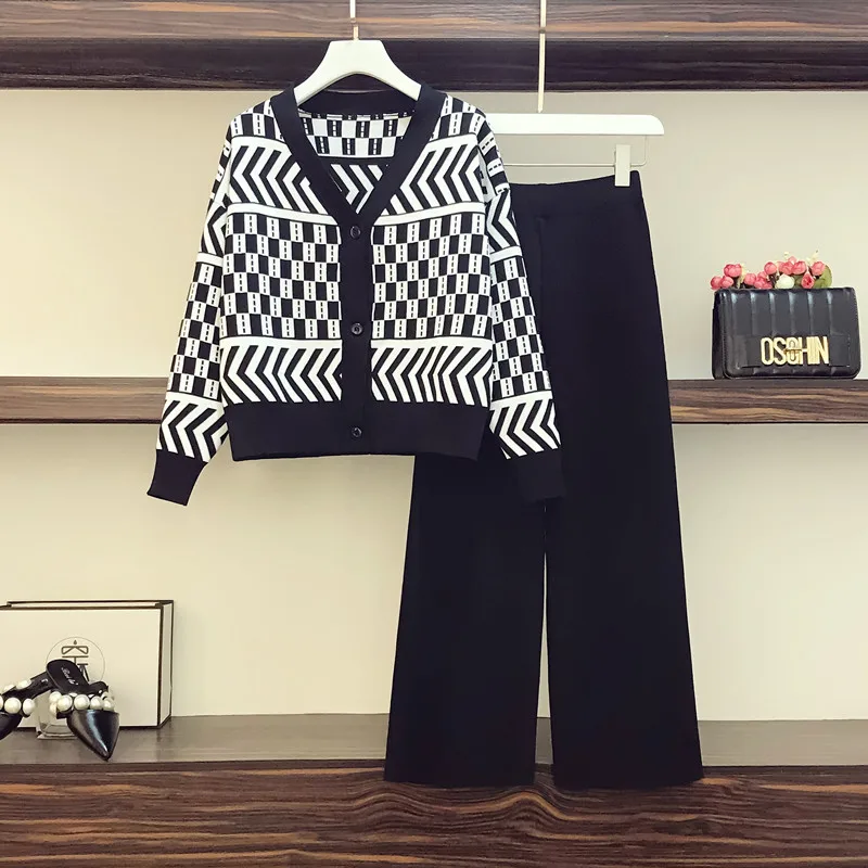

Plus Size Autumn Winter 4XL Warm 2 Pieces Set For Women Long Sleeve jacquard knitted Sweater And Wide Leg Pants Sets Female Suit
