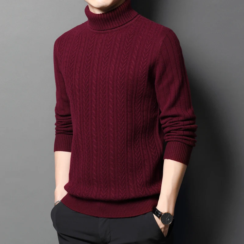 2021 New Men's Thick Cashmere Sweater Winter 100% Wool Knitwear Male Twisted Pure Wool Jumper High Collar Warm Sweaters