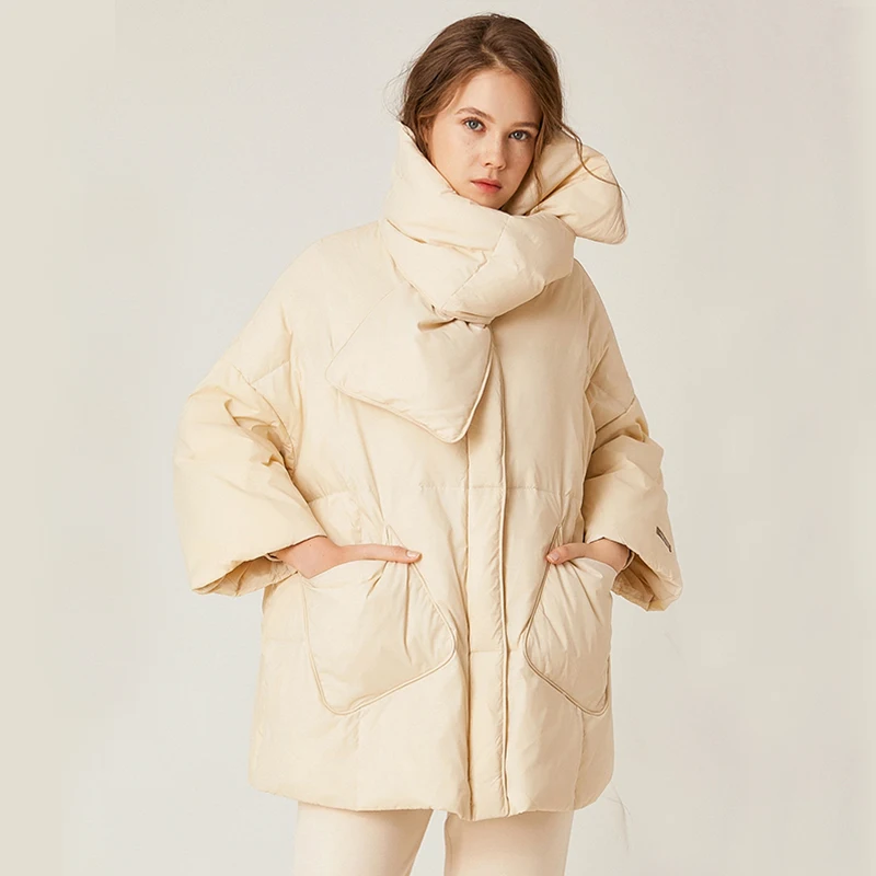

FTLZZ Winter Loose Down Jacket Women 90% White Duck Down Coat Round Neck Loose Thick Parkas Female Warm Snow Outwear Up Scarf