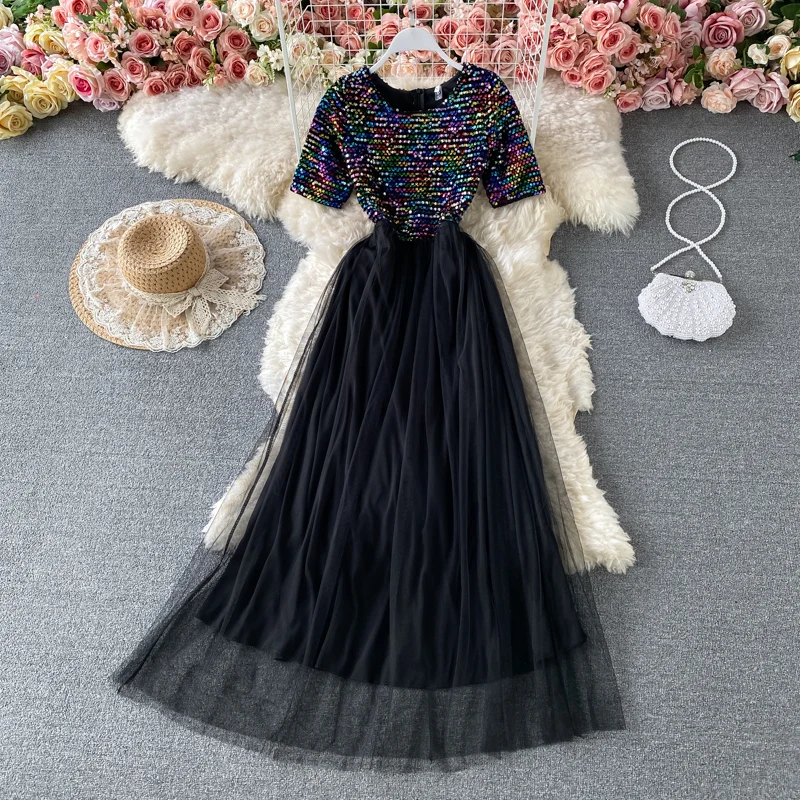 

Muti-Color Mesh summer woman dress Round Neck High Waist Casual holiday dresses for women Short Sleeves Exposed Back Zipper robe