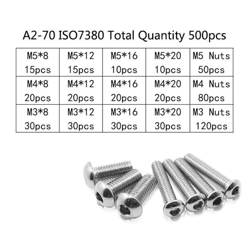 Набор шестигранных винтов из нержавеющей стали 500 штук кор. 304 с коробкой M2.5 M3 M4 M5