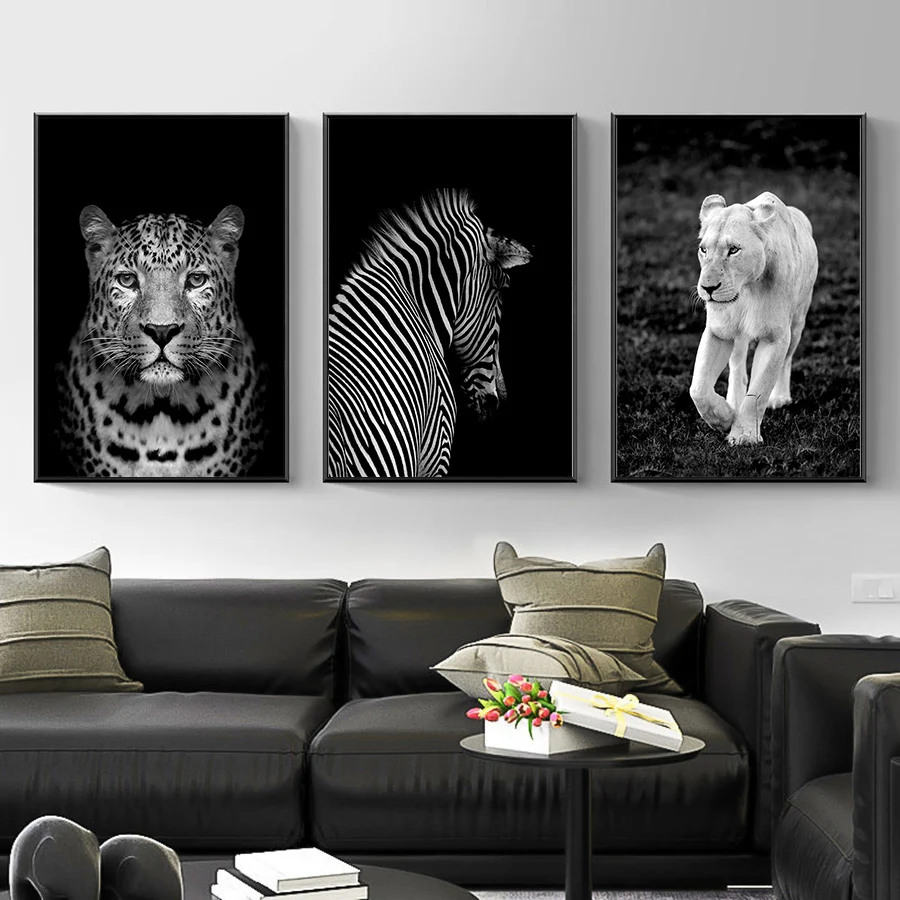 Поп арт живопись черный белый цвет дикий постеры с животными и принты Nordic стены