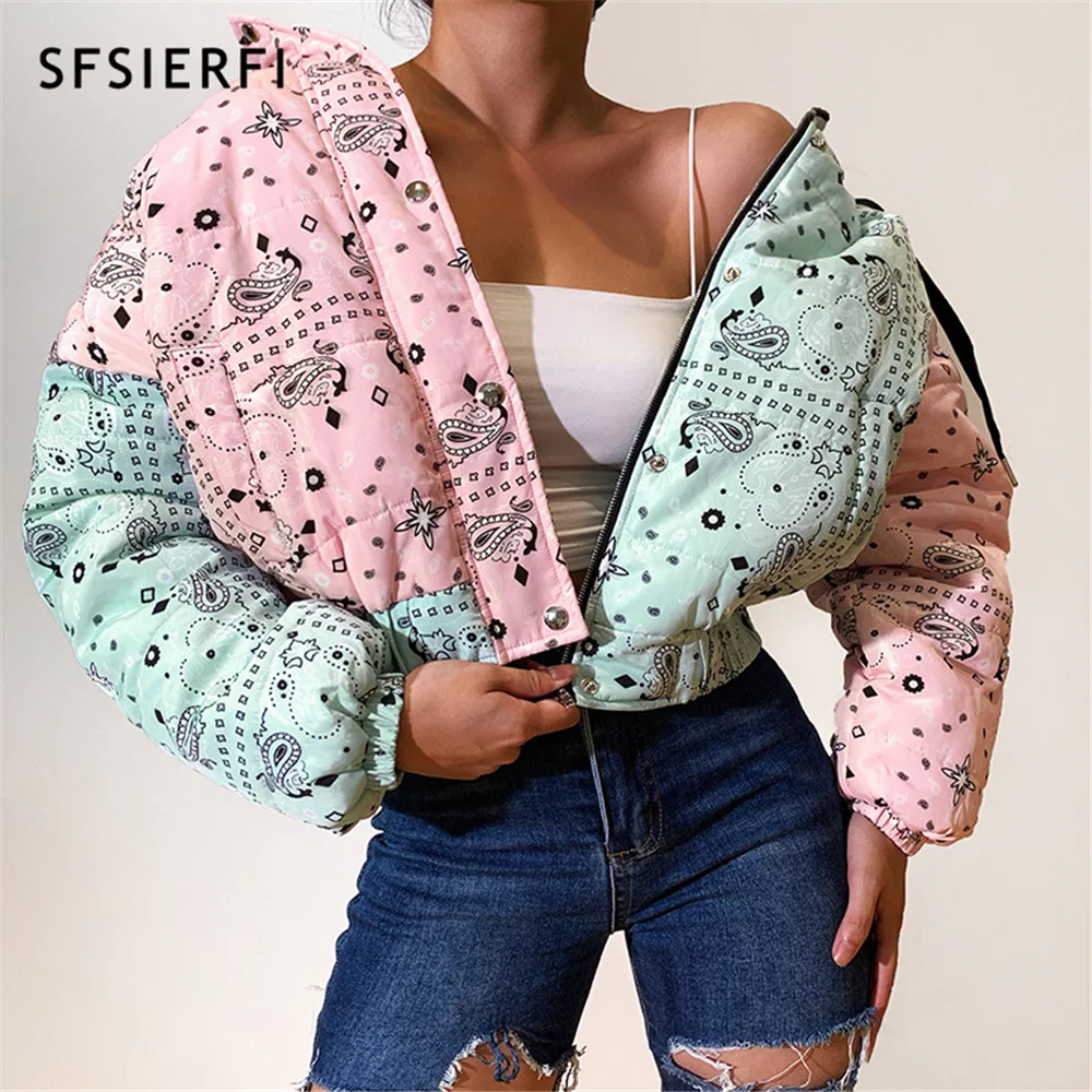 

SFSIERFI Bandana Print Jacket Women Autumn Winter Puffer Cotton-Padded Zip-Up Coat Clothes Hooded Long Sleeve Warm Outwear 2021