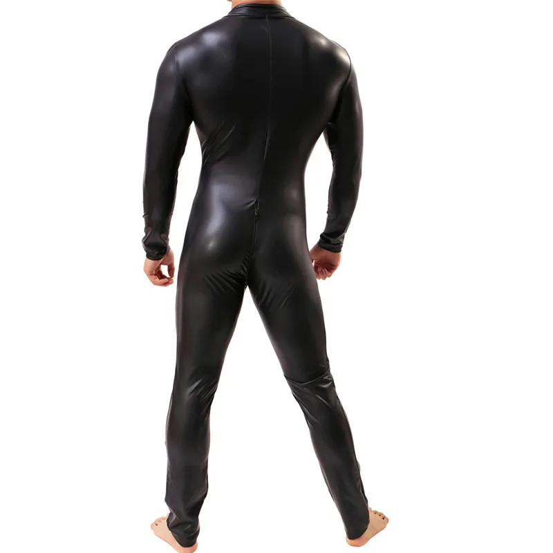 

Men's Faux Leather Wetlook One Piece Bodysuit Men Sexy Zipper Open Crotch Tights Catsuit Male Dance Clubwear Wrestling Singlet