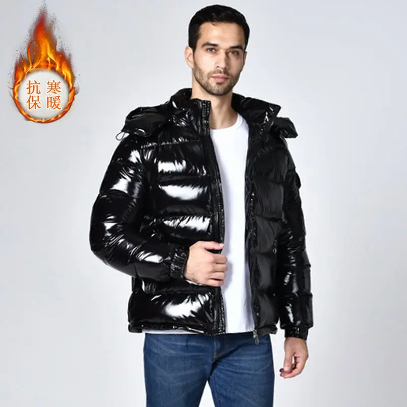 Зимний пуховик для мужчин блестящий плотная теплая Съемная шапка большой размер