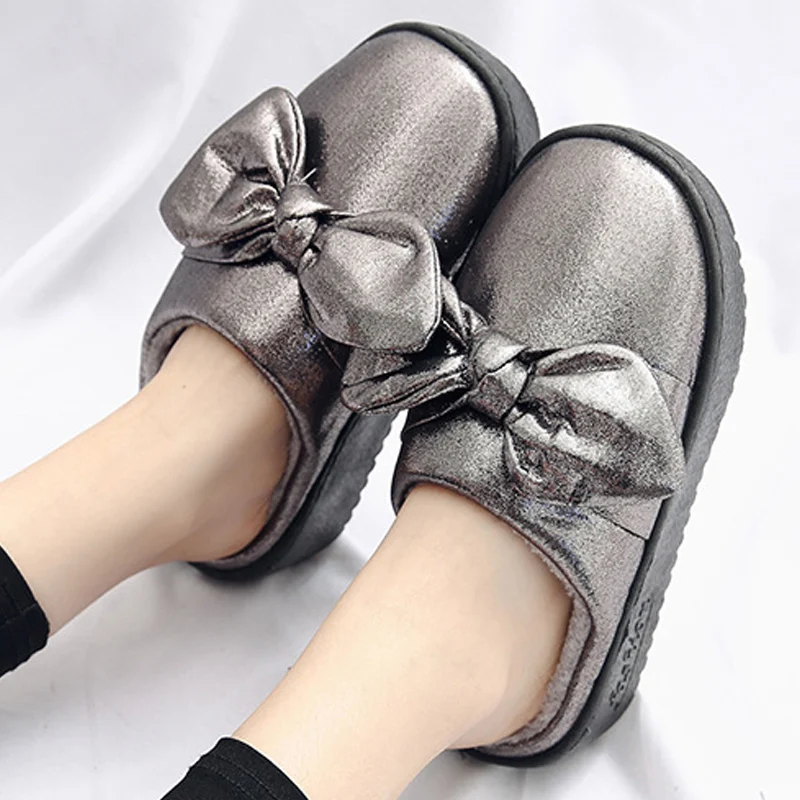 

New Fashion Bow-knot Sturdy Sole Winter Women Home Slippers PU Leather Waterproof Antiskid Shoes Thick Bottom for Ladies Girls