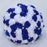 pop new royal blue white color pearls beaded bridal wedding bouquets simple durable half ball bow stitch holding flowers w322 5