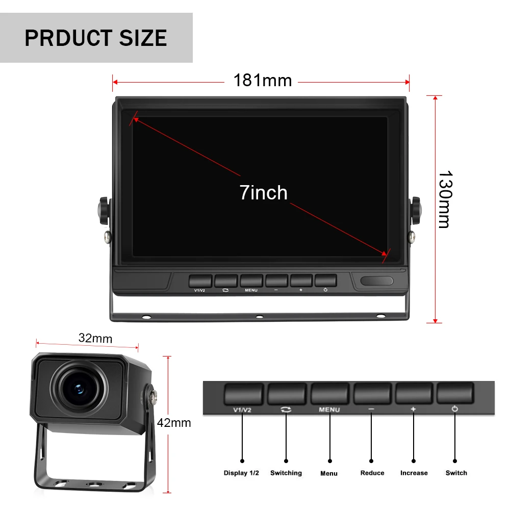 

AHD 1024*600 7" truck/car monitor 2ch screen for car DVR Reverse camera Rear view camera Display 12-24V for RV school bus