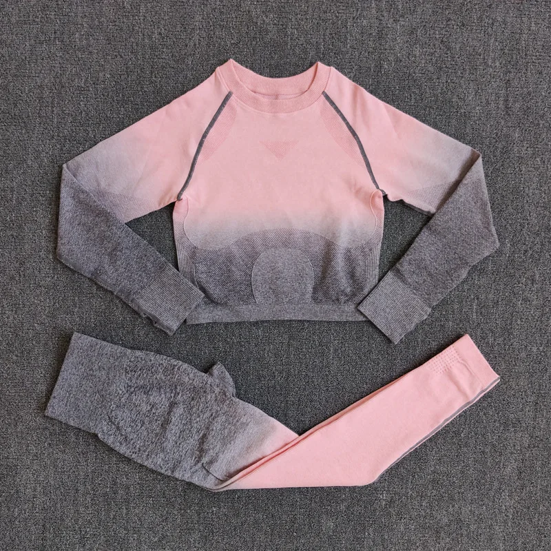 

Woman Seamless Yoga Set Stretchy Ombre Running Cycling Brearthable Sportswear High Elastic Quick Dry Fitness&Body Buliding Set